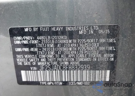 2015 Subaru Forester 2.5I Premium from USA, damaged, VIN JF2SJADC8FH832939